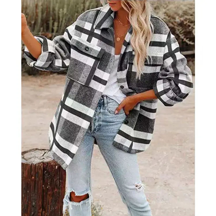 2021 Women's Plaid Woolen Jacket Long Sleeve Loose Fit - Image 4