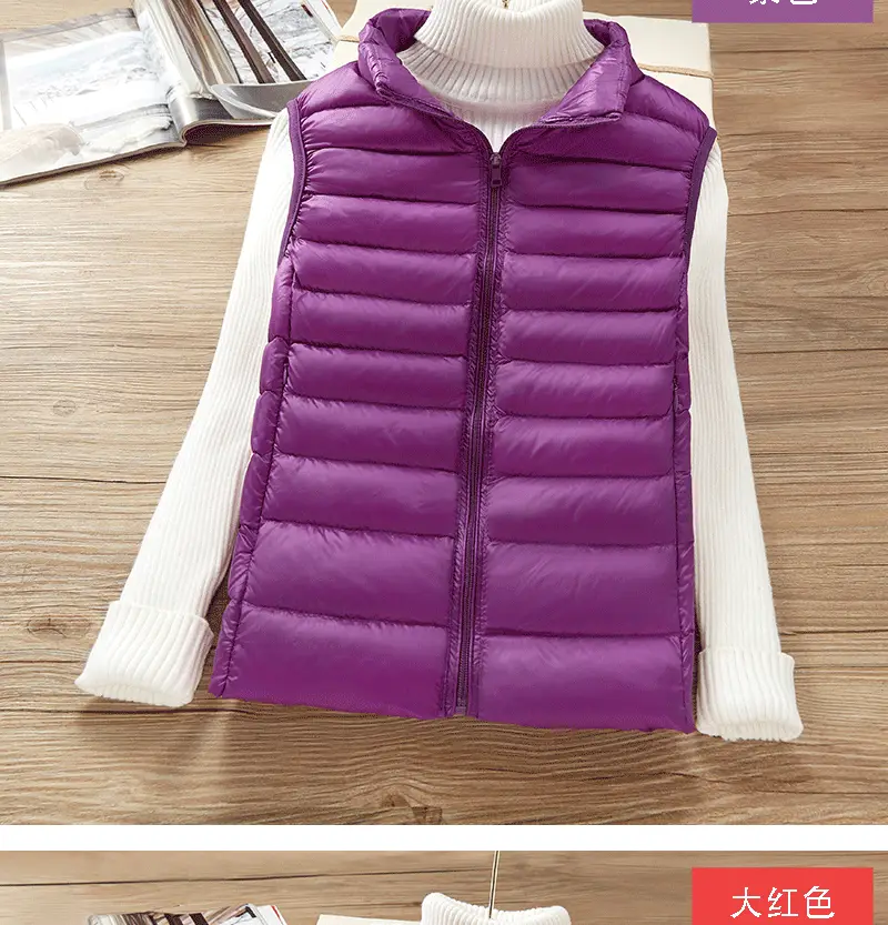 Women's White Down Vest with Stand Collar Large Size — feature 14