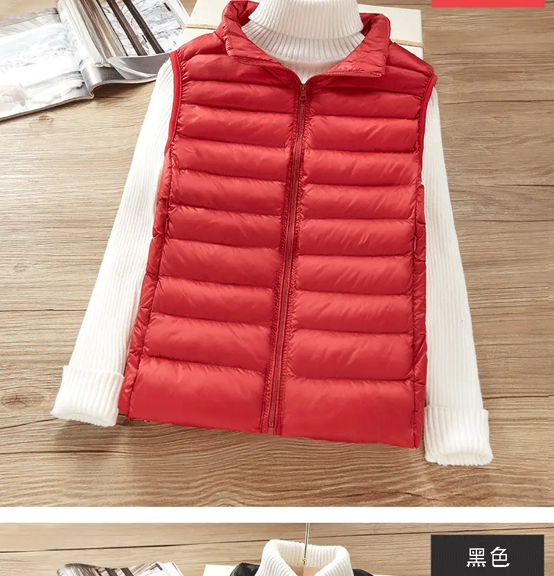 Women's White Down Vest with Stand Collar Large Size — feature 15