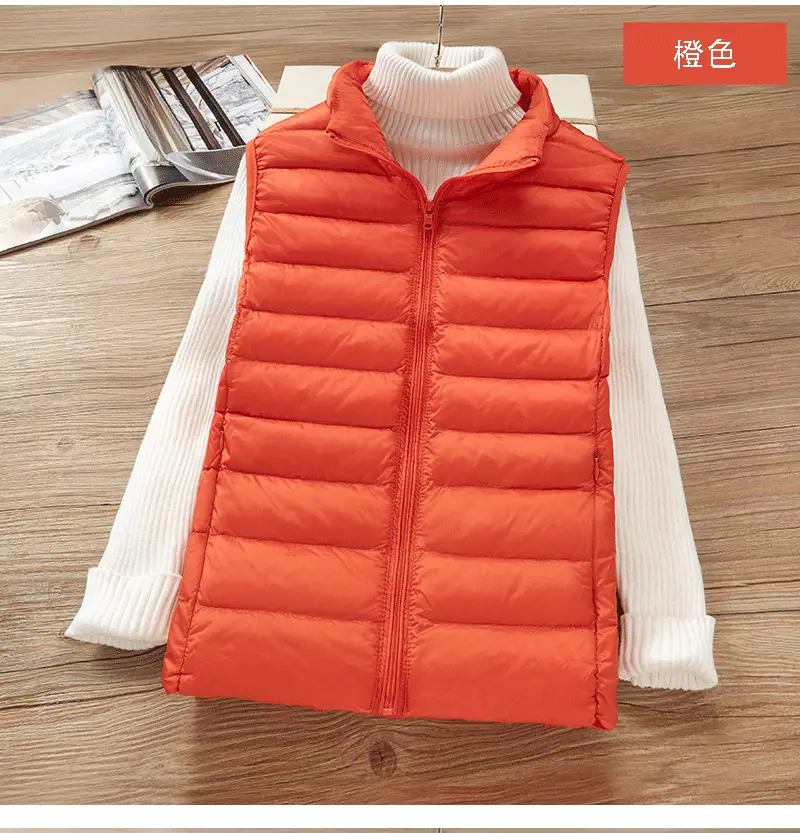 Women's White Down Vest with Stand Collar Large Size — feature 8