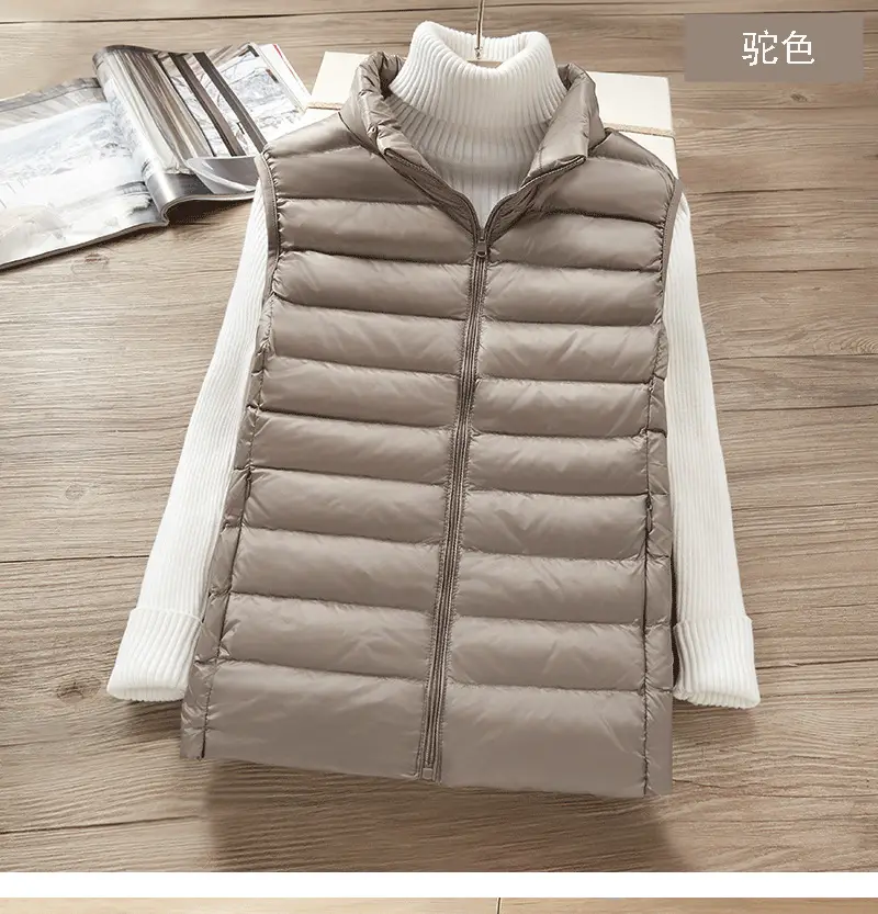 Women's White Down Vest with Stand Collar Large Size — feature 9
