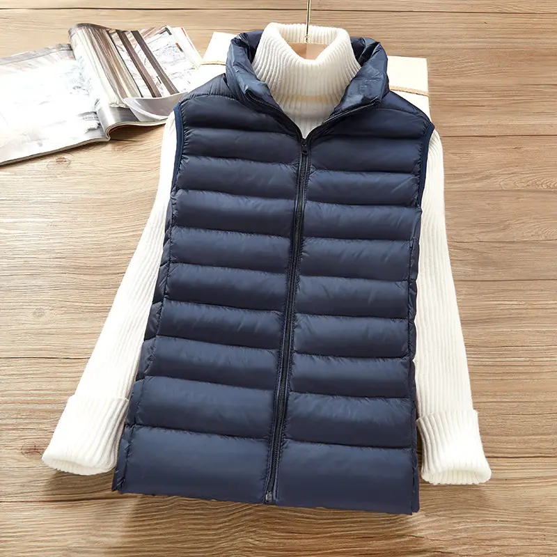 Women's White Down Vest with Stand Collar Large Size - Image 11