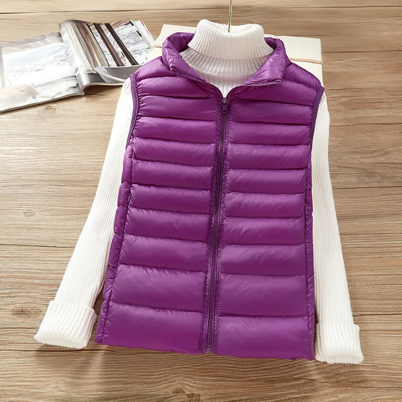 Women's White Down Vest with Stand Collar Large Size - Image 2
