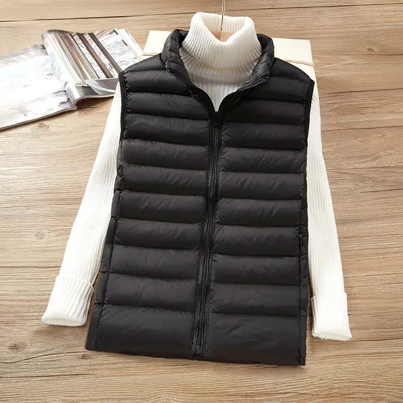 Women's White Down Vest with Stand Collar Large Size - Image 3