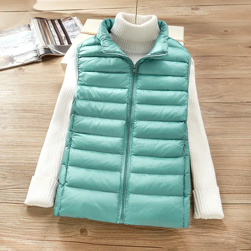Women's White Down Vest with Stand Collar Large Size - Image 5