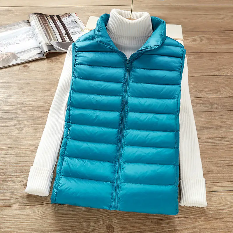 Women's White Down Vest with Stand Collar Large Size - Image 7