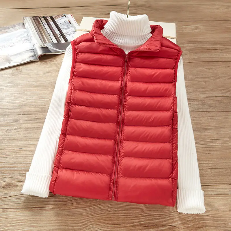 Women's White Down Vest with Stand Collar Large Size - Image 8