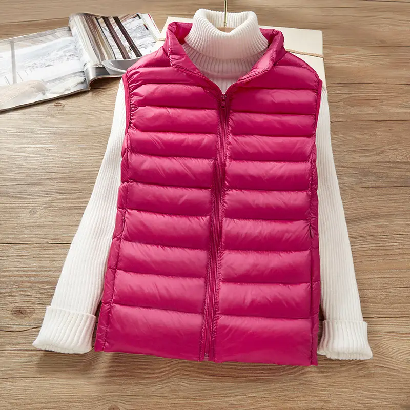 Women's White Down Vest with Stand Collar Large Size - Image 9