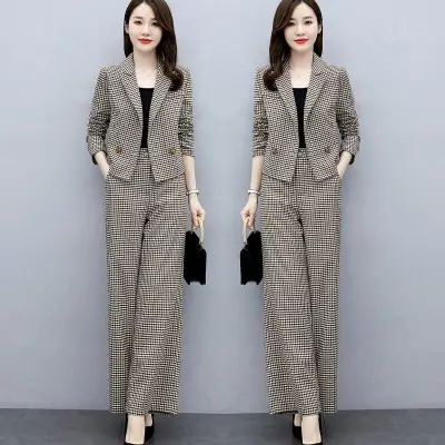 Women's Brown Checkered Two-Piece Suit Winter Professional - Image 4