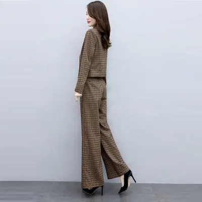 Women's Brown Checkered Two-Piece Suit Winter Professional - Image 5