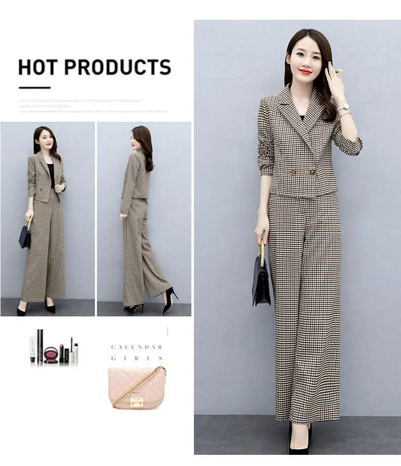 Women's Brown Checkered Two-Piece Suit Winter Professional — feature 4