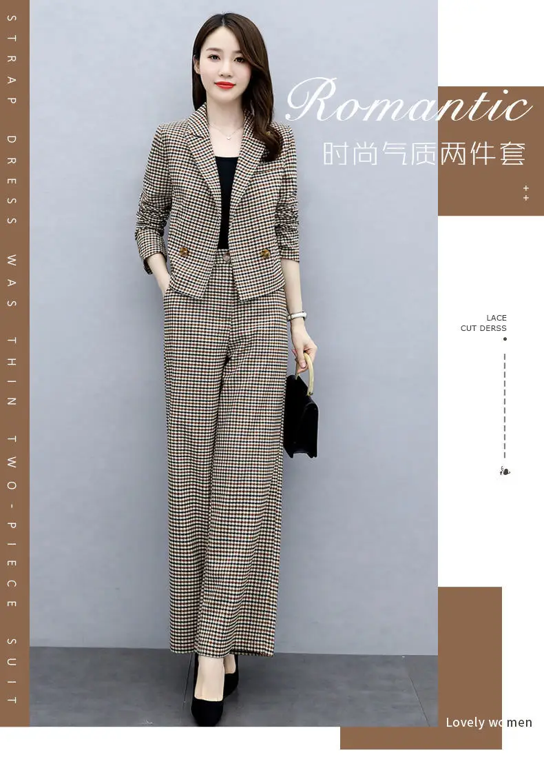 Women's Brown Checkered Two-Piece Suit Winter Professional — feature 5