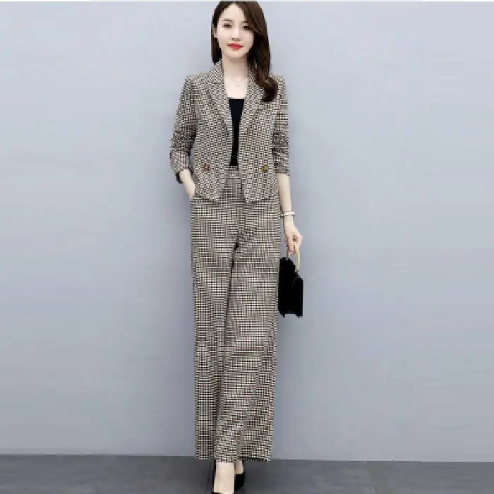 Women's Brown Checkered Two-Piece Suit Winter Professional - Image 2