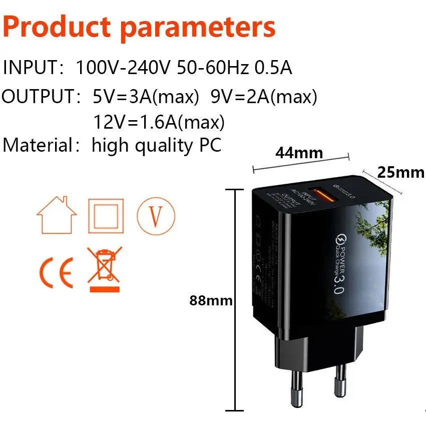 3A QC3.0 USB Fast Charging Adapter for All Countries