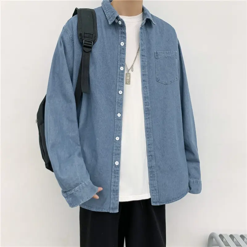 Men Long Sleeve Denim Shirt Blue Autumn Casual