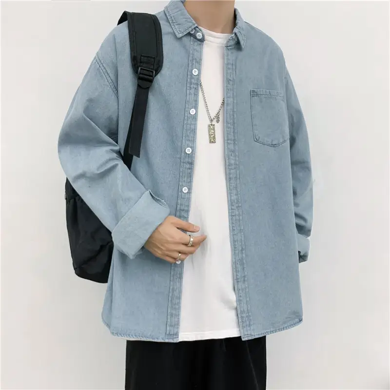 Men Long Sleeve Denim Shirt Blue Autumn Casual