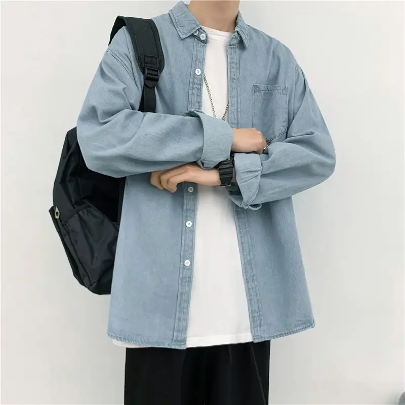 Men Long Sleeve Denim Shirt Blue Autumn Casual