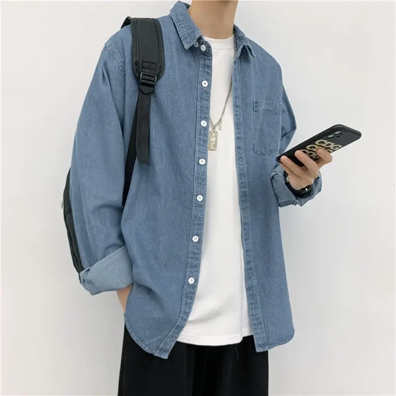 Men Long Sleeve Denim Shirt Blue Autumn Casual