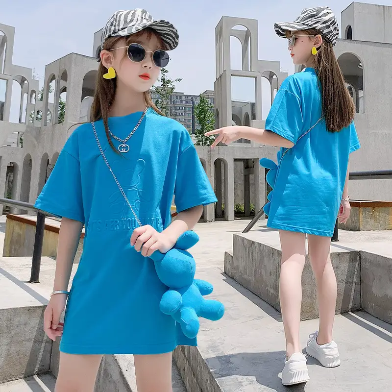 2025 Summer Blue T-Shirt for Girls Mid-Length Loose Korean Style - Image 6