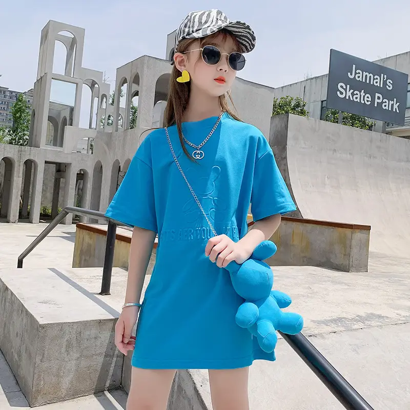 2025 Summer Blue T-Shirt for Girls Mid-Length Loose Korean Style - Image 2