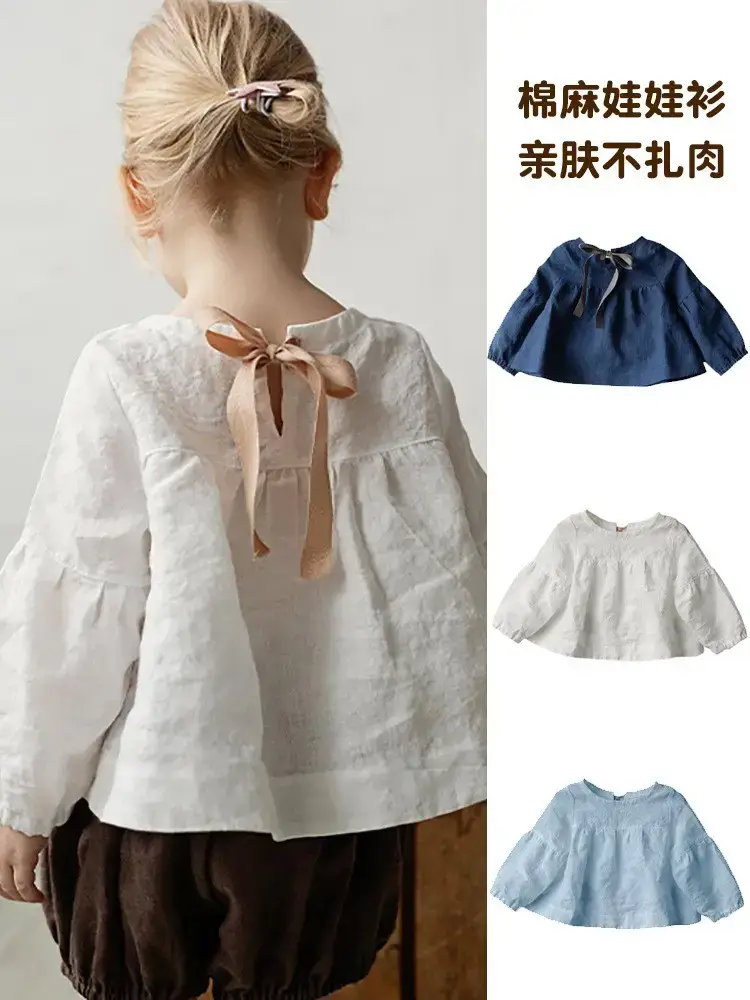 Baby Girl Cotton Linen Blouse Long Sleeve White 2026 - Image 5