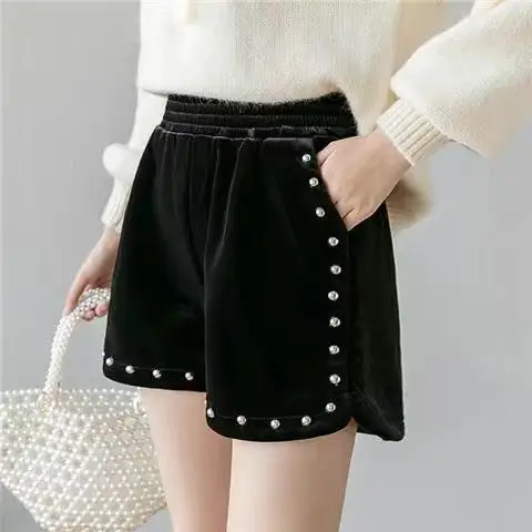Black Velvet Fleece-Lined Shorts for Women - Image 10