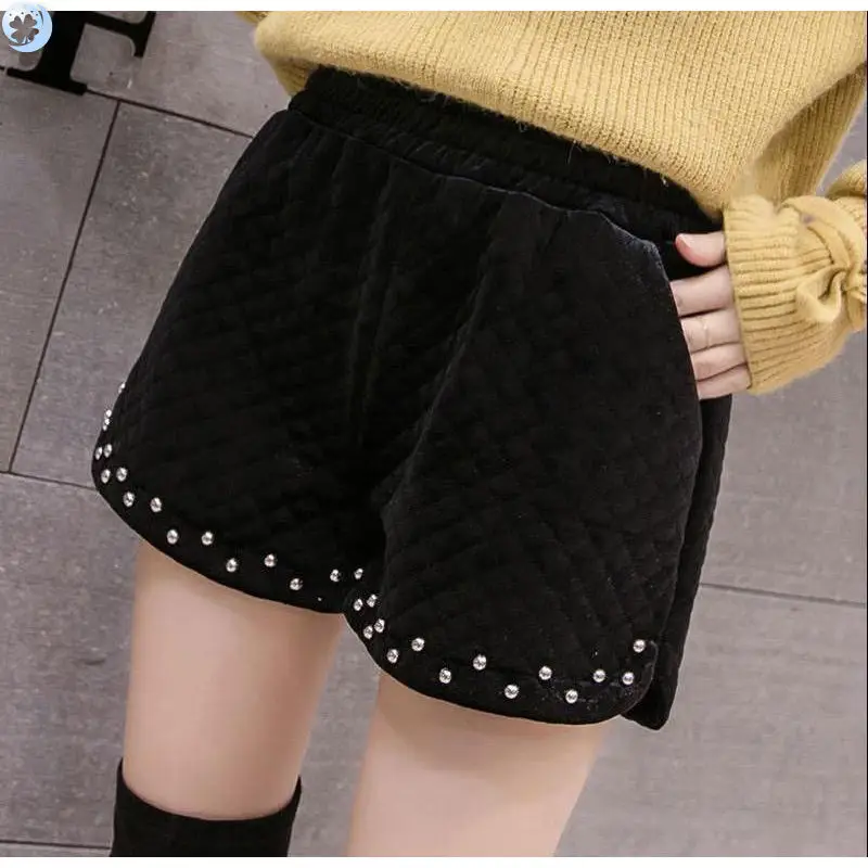 Black Velvet Fleece-Lined Shorts for Women - Image 2