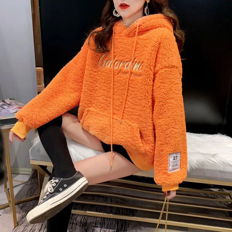 Orange Fleece Hooded Pullover Women's Mid-Length Top - Image 3