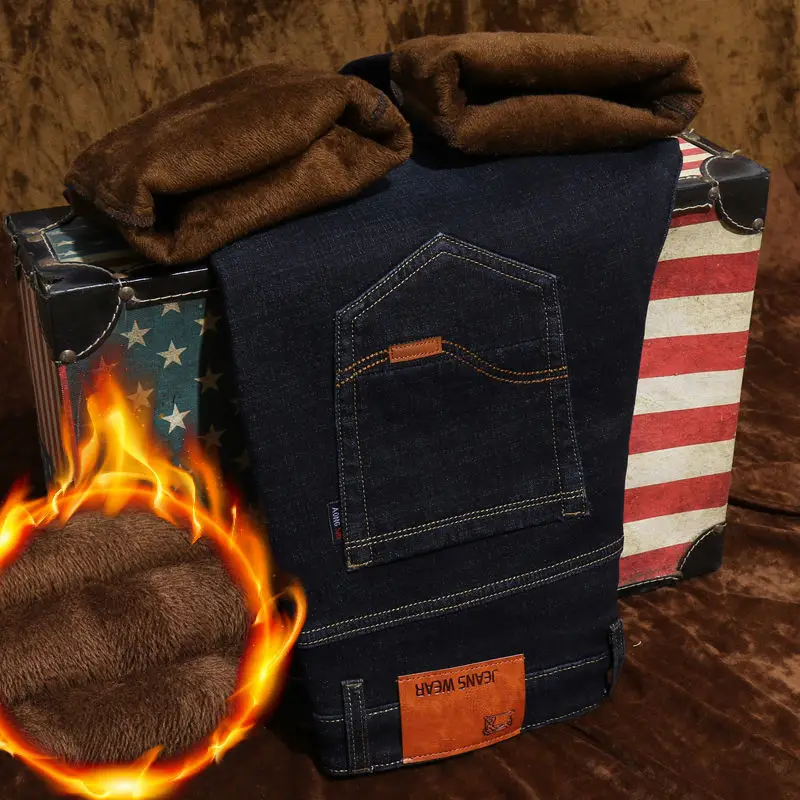 Men Fleece Thick Jeans Dark Blue Wholesale Casual - Image 3