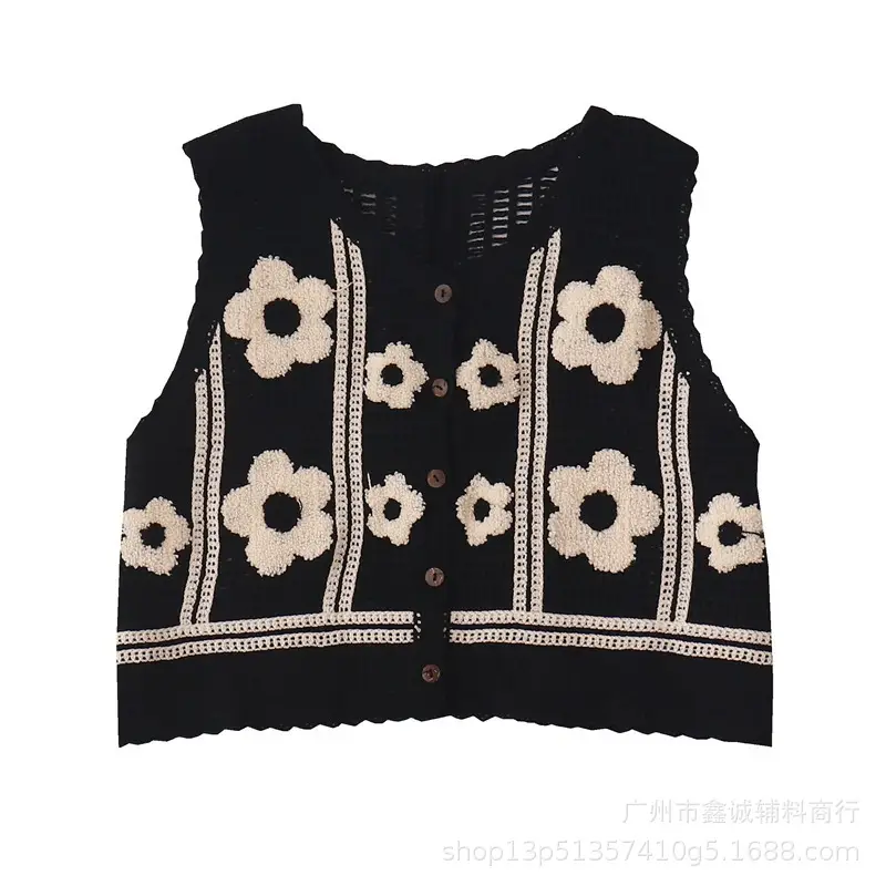 Black Embroidered Knitted Vest for Women