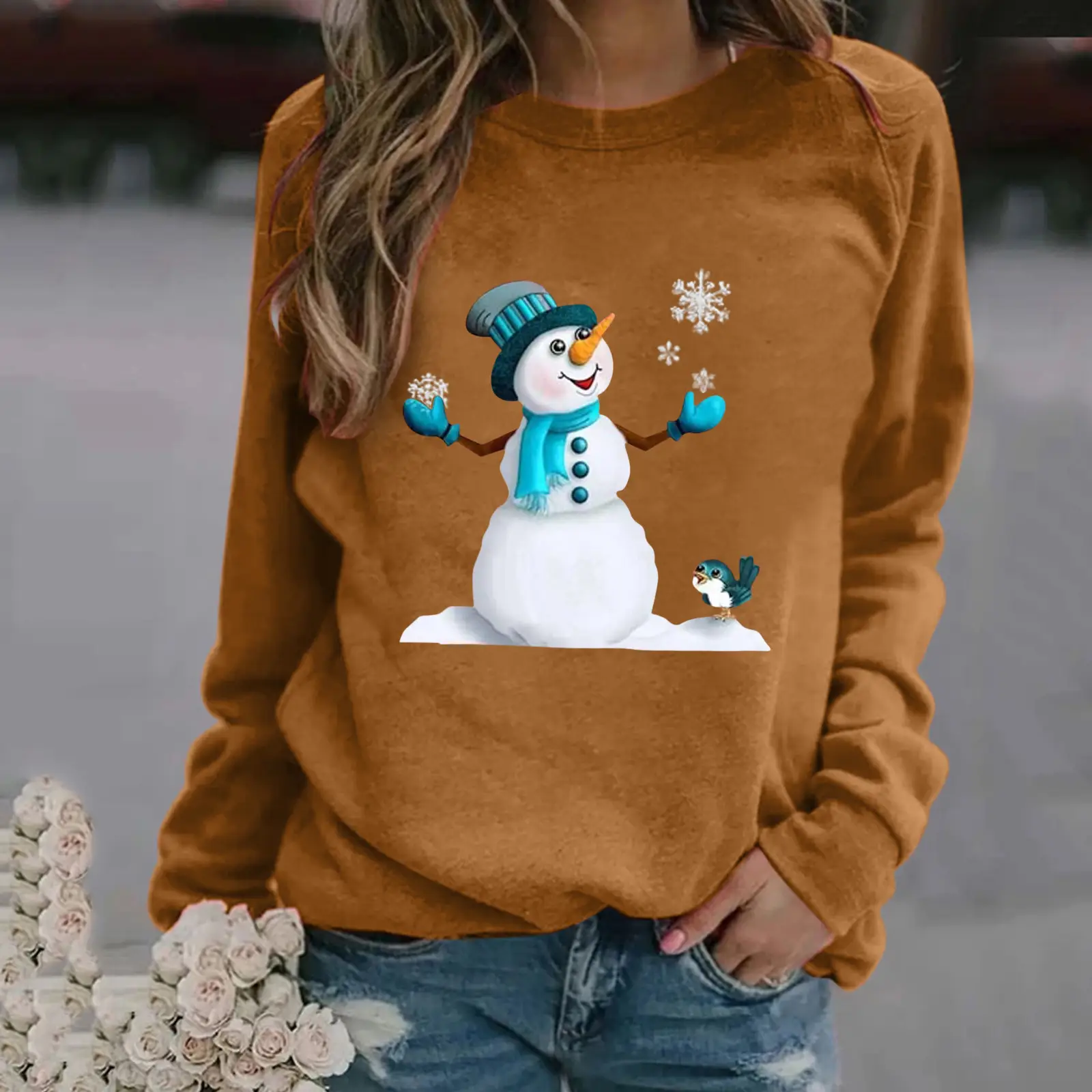 Women Christmas Snowman Print Sweatshirt Long Sleeve Grey - Image 9