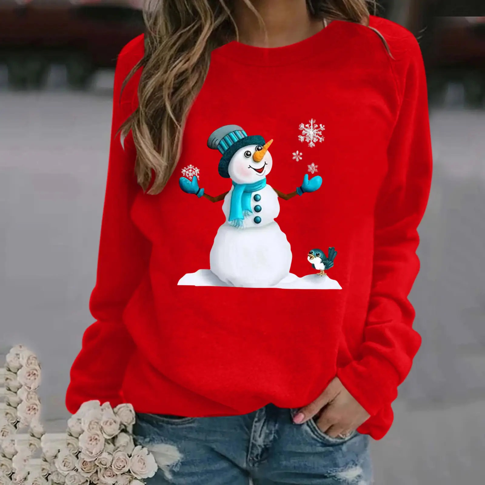 Women Christmas Snowman Print Sweatshirt Long Sleeve Grey - Image 3