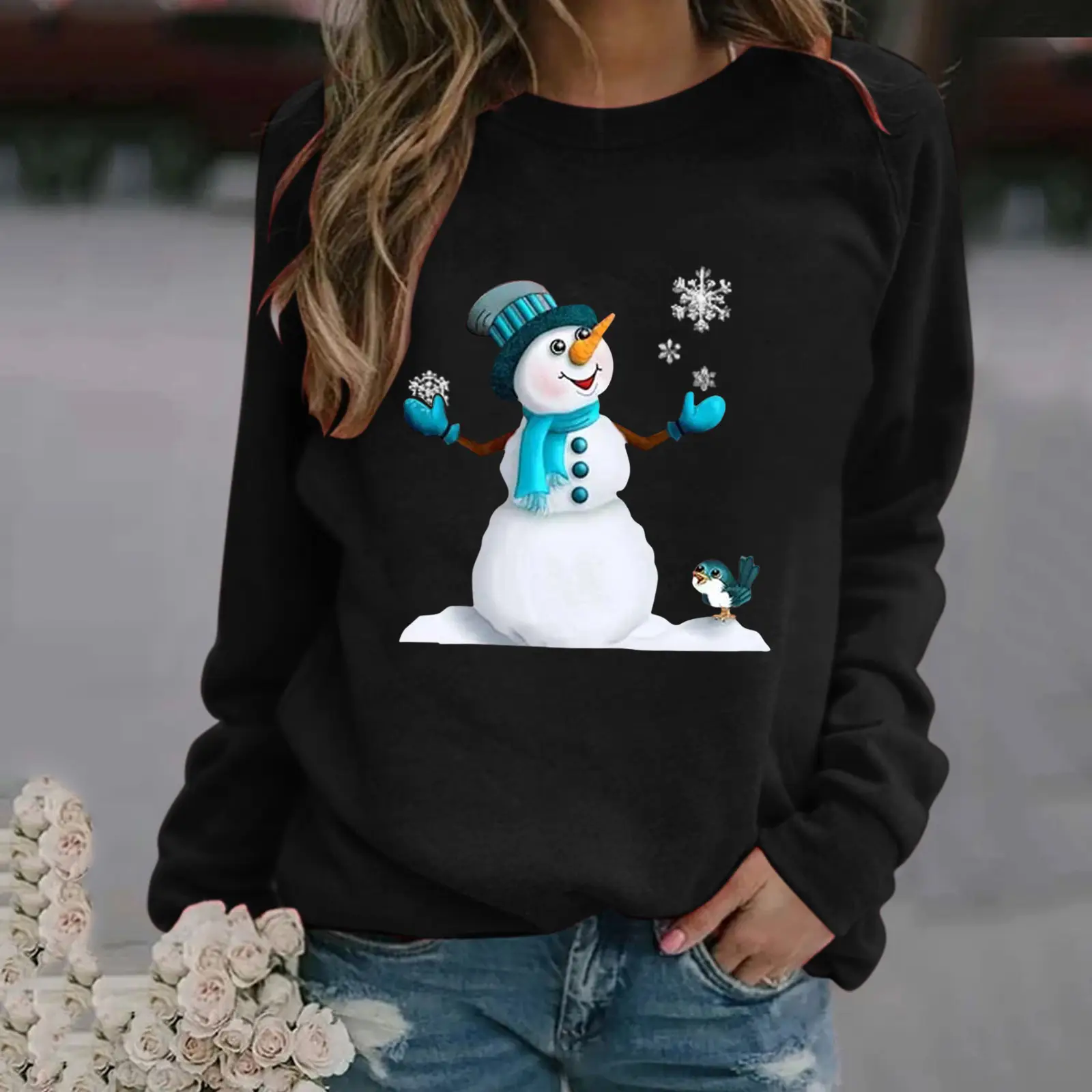 Women Christmas Snowman Print Sweatshirt Long Sleeve Grey - Image 6