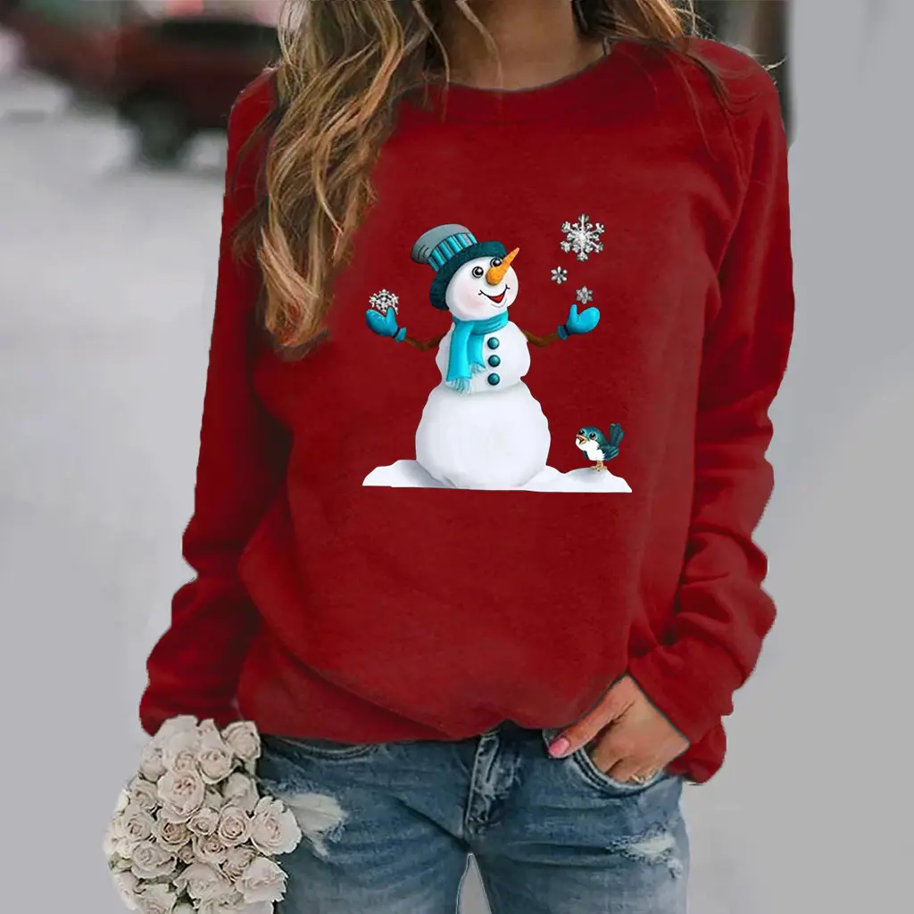 Women Christmas Snowman Print Sweatshirt Long Sleeve Grey - Image 7