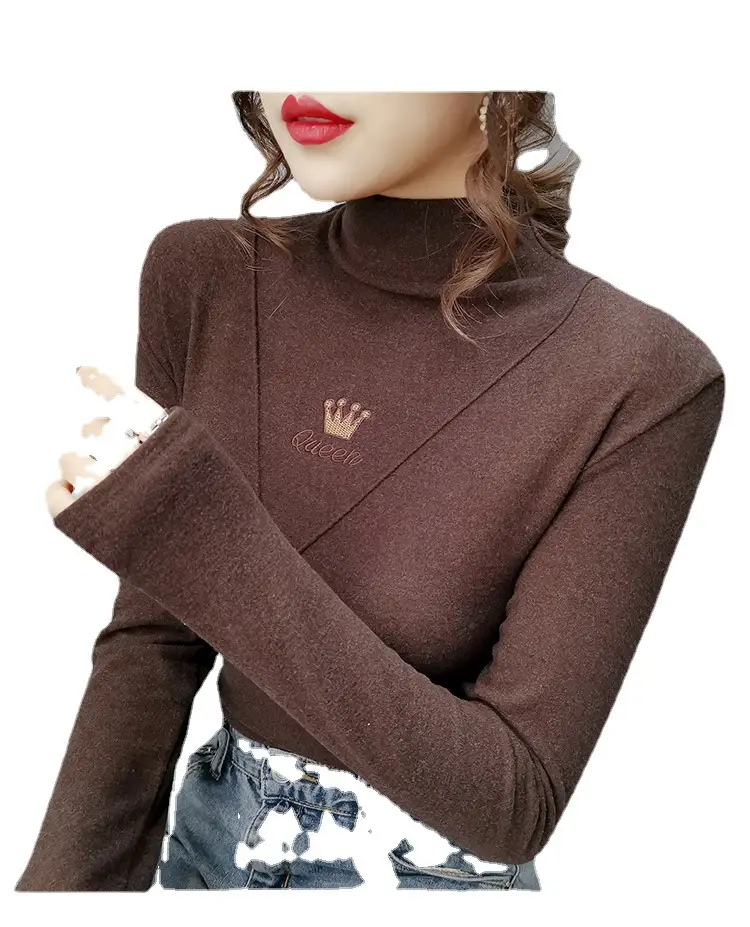 Women Velvet Long Sleeve Turtleneck Shirt Brown - Image 8