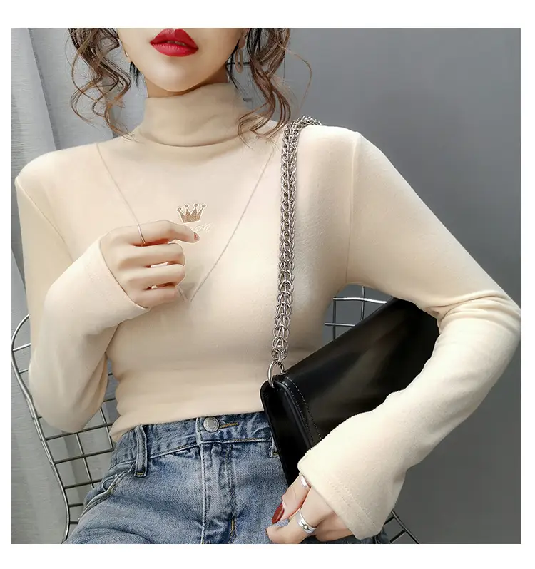 Women Velvet Long Sleeve Turtleneck Shirt Brown — feature 10