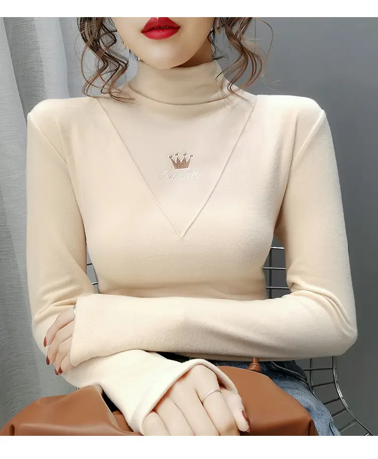 Women Velvet Long Sleeve Turtleneck Shirt Brown — feature 11