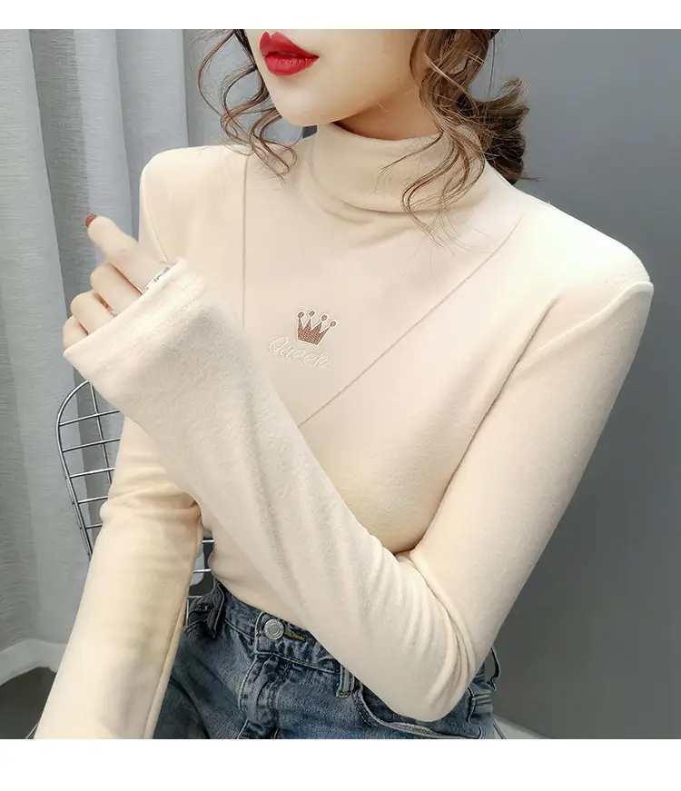 Women Velvet Long Sleeve Turtleneck Shirt Brown — feature 12