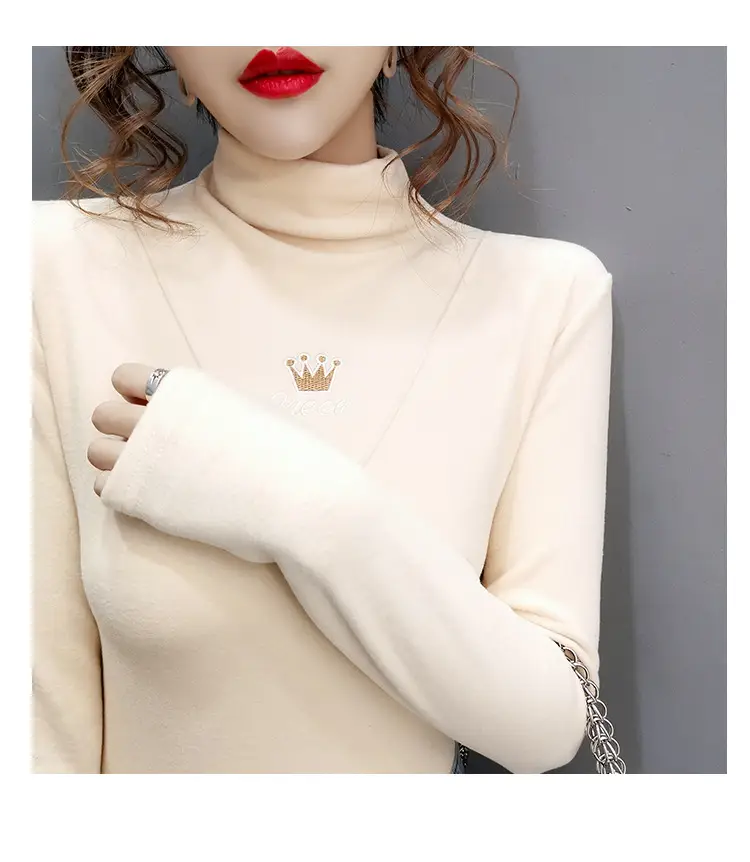 Women Velvet Long Sleeve Turtleneck Shirt Brown — feature 13
