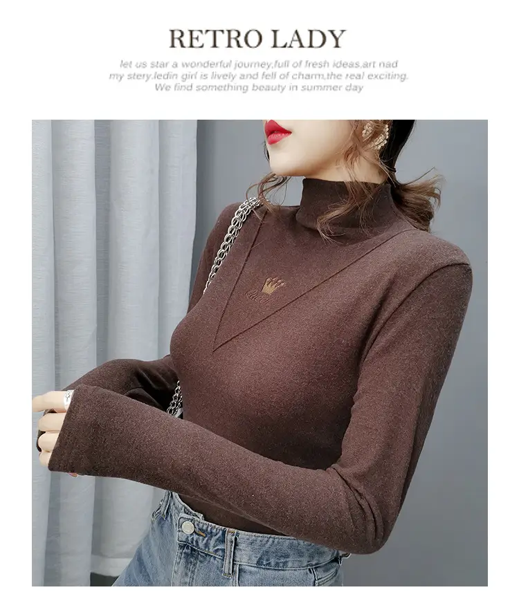 Women Velvet Long Sleeve Turtleneck Shirt Brown — feature 16