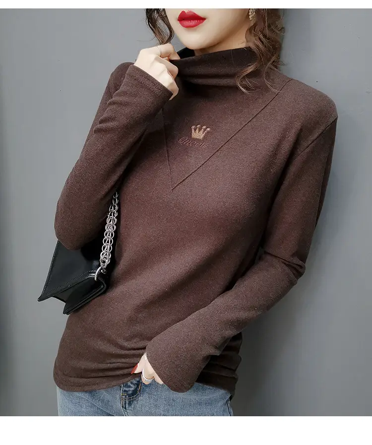 Women Velvet Long Sleeve Turtleneck Shirt Brown — feature 17