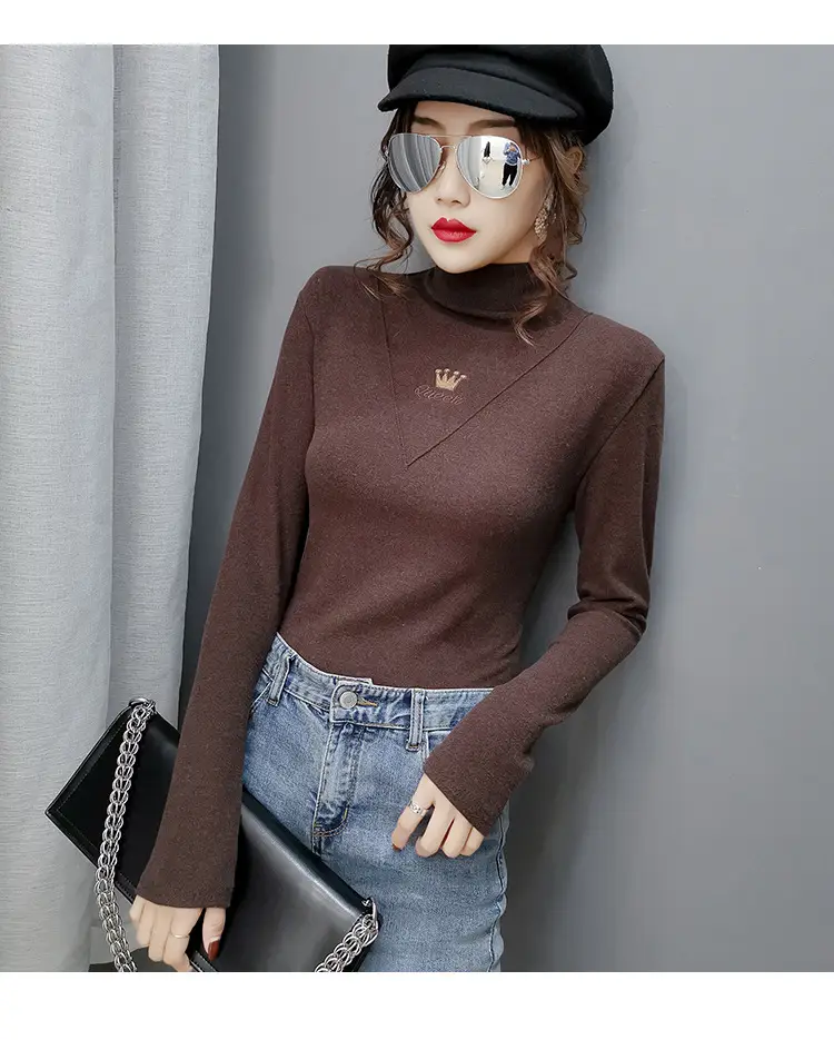 Women Velvet Long Sleeve Turtleneck Shirt Brown — feature 18