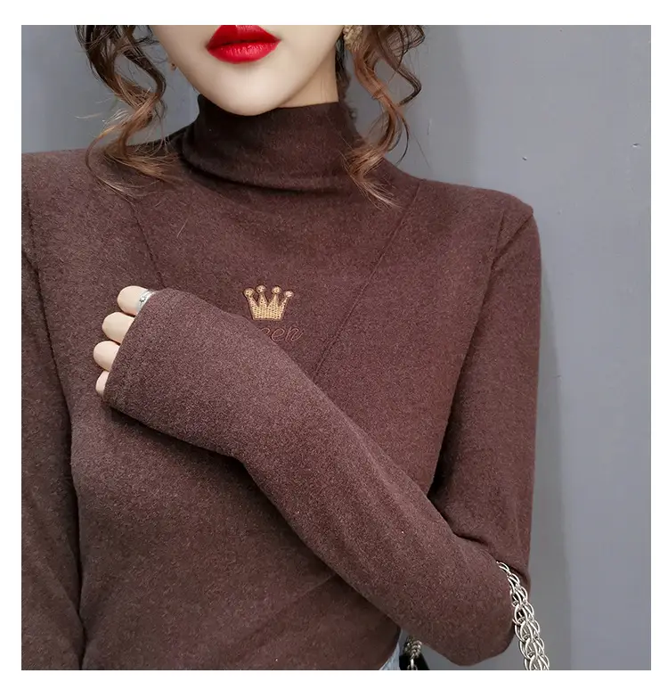 Women Velvet Long Sleeve Turtleneck Shirt Brown — feature 19