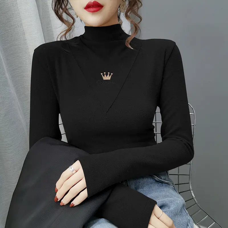 Women Velvet Long Sleeve Turtleneck Shirt Brown — feature 2