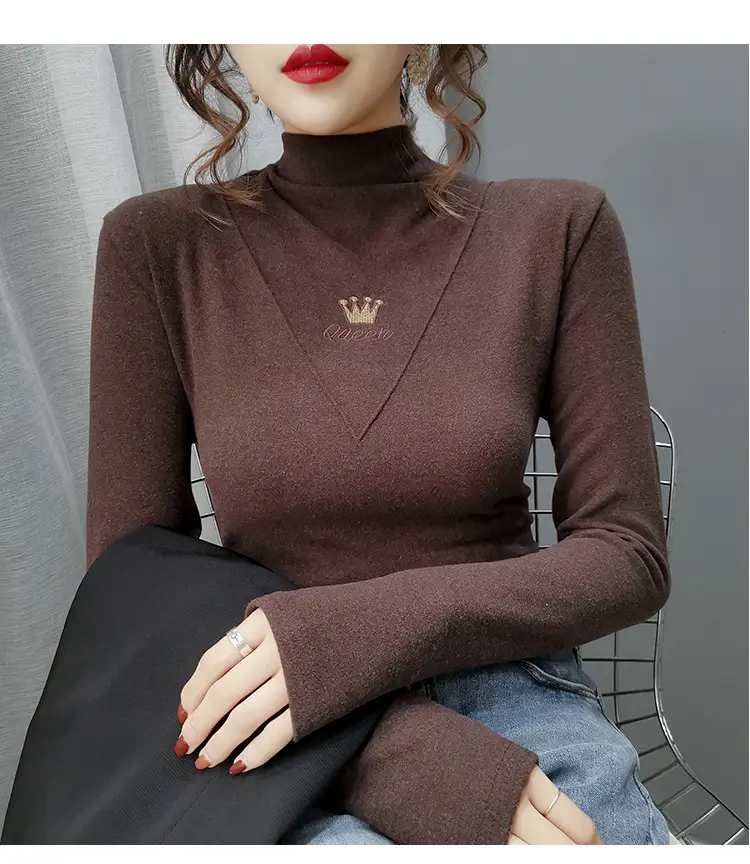 Women Velvet Long Sleeve Turtleneck Shirt Brown — feature 20