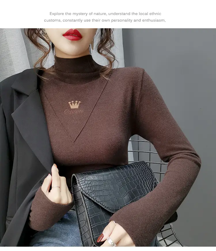 Women Velvet Long Sleeve Turtleneck Shirt Brown — feature 21