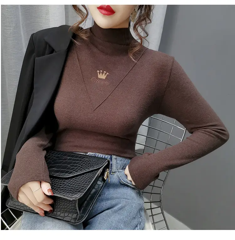 Women Velvet Long Sleeve Turtleneck Shirt Brown — feature 22
