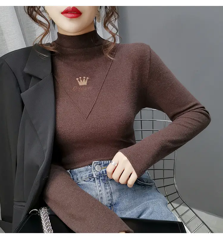 Women Velvet Long Sleeve Turtleneck Shirt Brown — feature 23