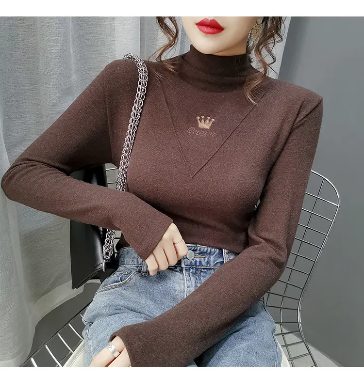 Women Velvet Long Sleeve Turtleneck Shirt Brown — feature 24