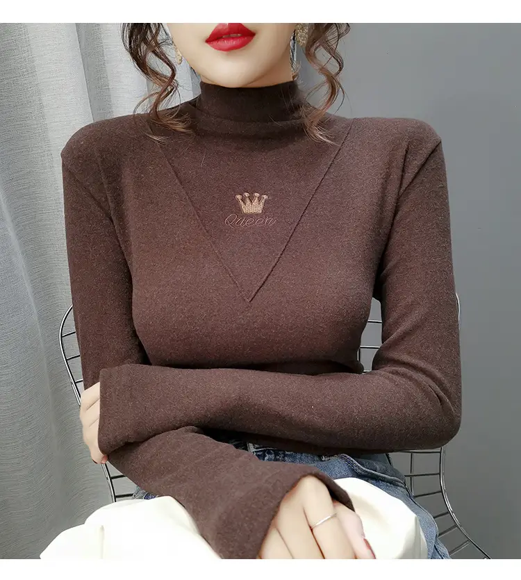 Women Velvet Long Sleeve Turtleneck Shirt Brown — feature 25